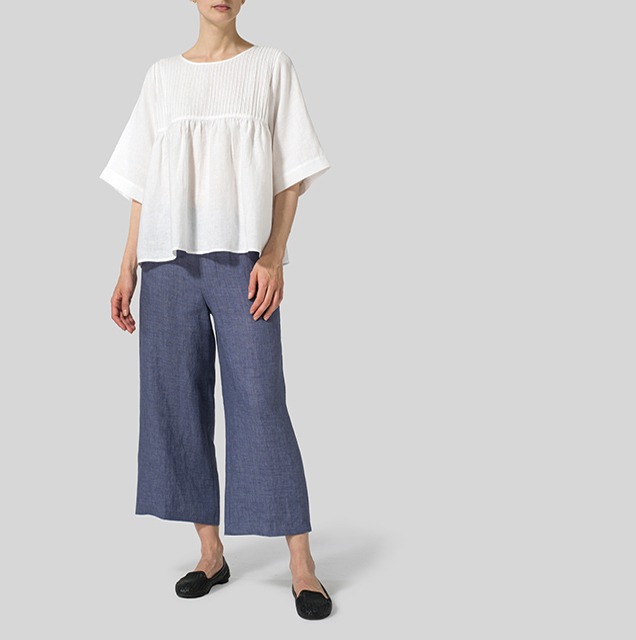 LINEN HAND-MADE PLEATED BELL SLEEVE BLOUSE